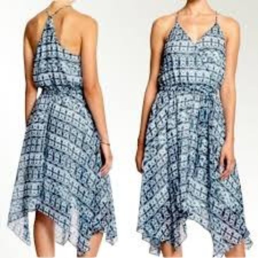 Banana Republic Summer Dress Sleeveless Crossover Asymmetric Hem Tie Belt Blue S